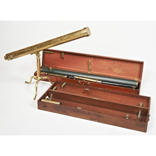 1472 - A VICTORIAN BRASS LIBRARY TELESCOPE WITH A FOLDING BRASS TRIPOD STAND IN A MAHOGANY&TRANSIT CASE... 