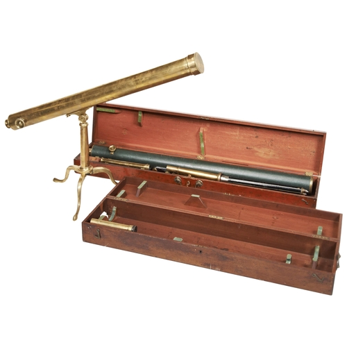 1472 - A VICTORIAN BRASS LIBRARY TELESCOPE WITH A FOLDING BRASS TRIPOD STAND IN A MAHOGANY&TRANSIT CASE... 