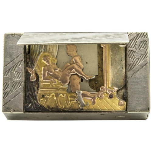 1480 - AN EROTIC ELECTROPLATED MECHANICAL VESTA CASE, the compartment lid activating a catch to reveal a po... 