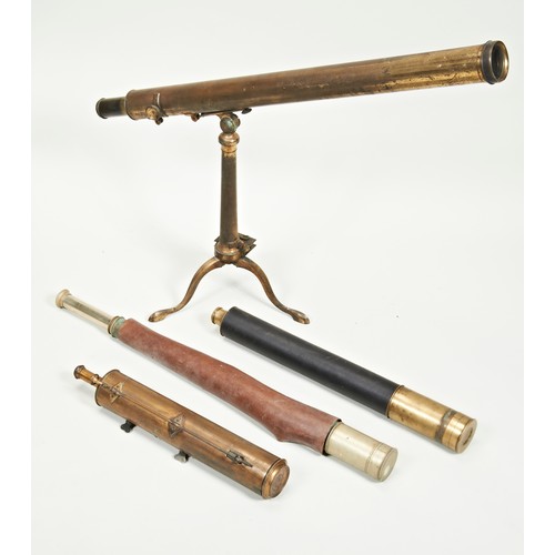 1482 - A 19TH CENTURY BRASS LIBRARY TELESCOPE ON FOLDING BRASS TRIPOD BASE, a marine telescope by Ross of L... 