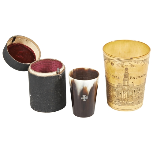 1787 - A GOOD HORN BEAKER DECORATED WITH A PANORAMA OF THE ROYAL EXCHANGE NEWCASTLE and with the legend &ls... 