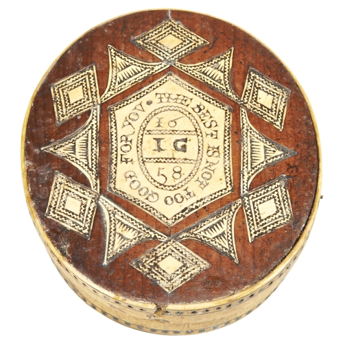 1952 - AN OVAL WOODEN BOX THE LID INLAID AND EMBELLISHED WITH PEN WORK AND INSCRIBED 'THE BEST IS NOT TOO G... 