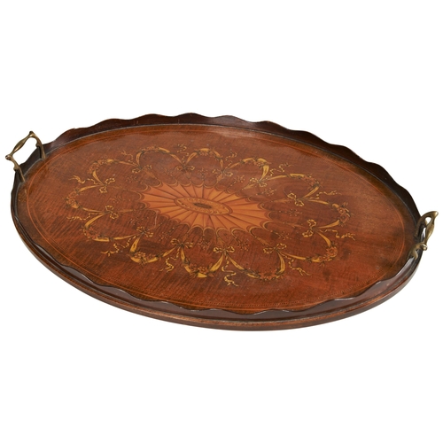 1788 - A GOOD EDWARDIAN ADAM STYLE TRAY WITH INLAID AND PENWORK DECORATION, wavy border and brass handles. ... 