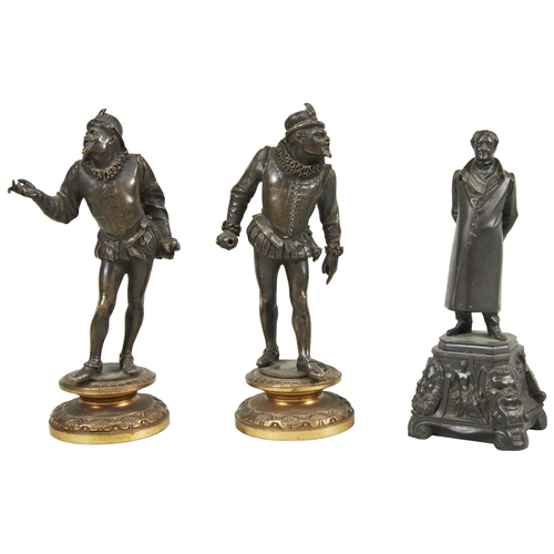 1790 - A PAIR OF BRONZE FIGURES OF 16TH CENTURY GENTLEMEN, one with his sword drawn in disagreement, signed... 