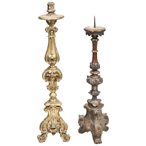 1802 - AN ITALIAN GILT GESSO ALTAR CANDLESTICK with pricket top and another with a nozzle top. 90 cms max  ... 