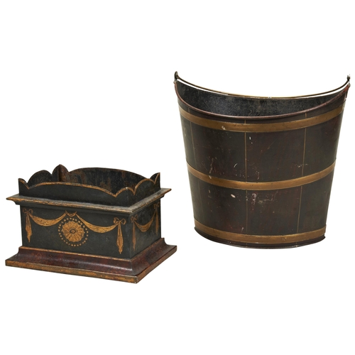 1803 - A 19TH TOLEWARE BUCKET with faux wood finish and brass handle and a toleware  windowsill jardinere.2... 