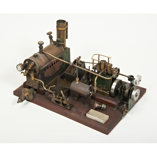 1495 - A LIVE STEAM STATIONARY ENGINE, probably kit built with additions, mounted on a champfered wooden ba... 