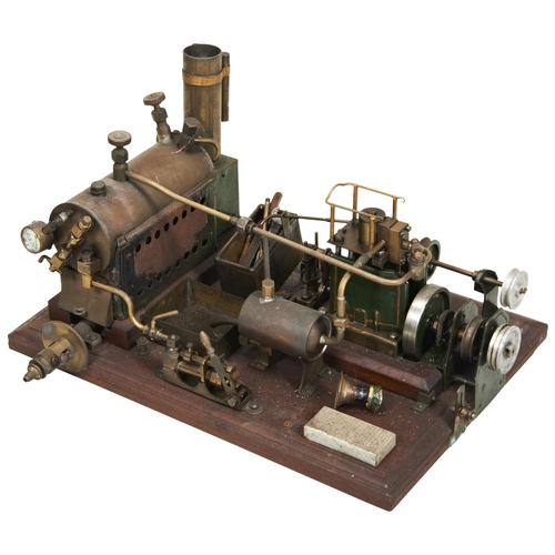 1495 - A LIVE STEAM STATIONARY ENGINE, probably kit built with additions, mounted on a champfered wooden ba... 