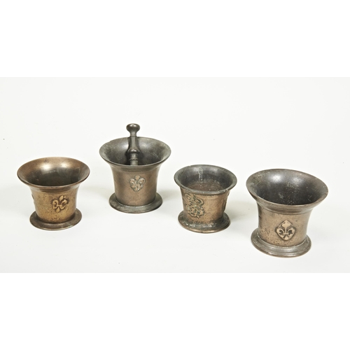 1811 - THREE 17TH/18TH CENTURY BRONZE MORTARS cast with Fleur de Lys and another cast with Tudor roses and ... 