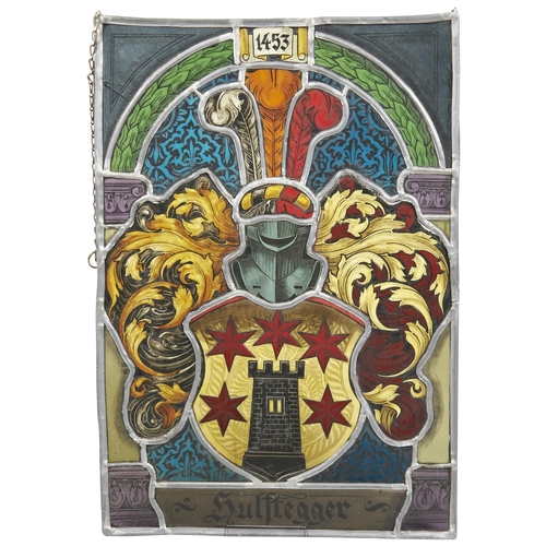 1818 - A STAINED GLASS ARMORIAL WINDOW FOR HULFTEGGER ‘1453’ but later in date and releaded. 38 x 26 cms... 