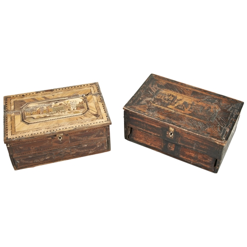 700 - A PRISONER OF WAR STRAW WORK BOX and another, both in need of restoration. 11 x 28 x 18 cms