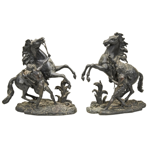 1819 - A PAIR OF 19TH CENTURY BRONZE MARLY HORSES AFTER GUILLAUME COUSTOU. 27 cms high