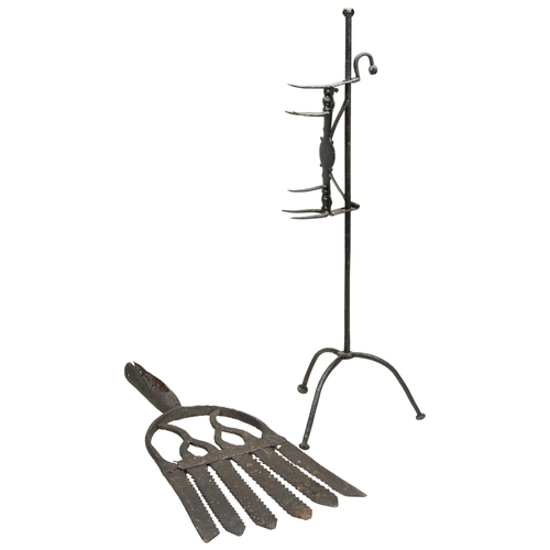 1820 - A WROUGHT IRON GEORGIAN TOASTER/ LARK SPIT and a five tine wrought eel spear. 63 cms max