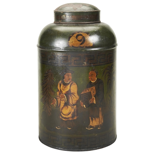 1822 - A VICTORIAN TOLEWARE RETAILERS TEA CANISTER decorated in chinoiserie style with figures on a green g... 