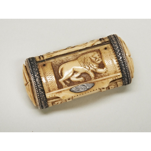 1960 - A BONE SNUFF BOX, early 19th century, the lid carved with a lion and a woman to the back with the in... 