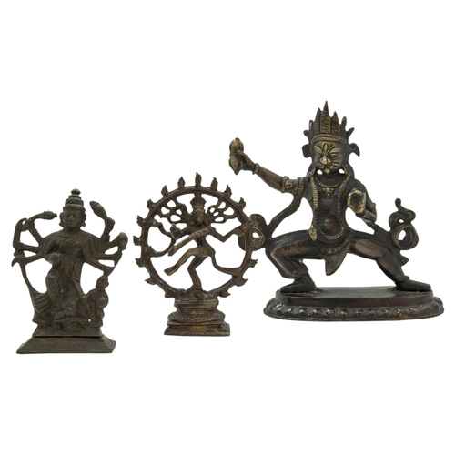 2234 - AN INDIAN CARVED WOODEN MONKEY, assorted bronze votive figures of various deities, Ashanti bronze go... 