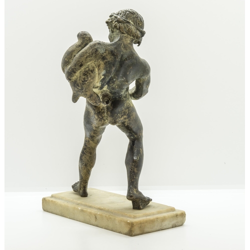 1827 - A BRONZE FIGURE OF THE DRUNKEN FAUN, 19TH CENTURY, after the antique on a marble base. 21 cms high... 