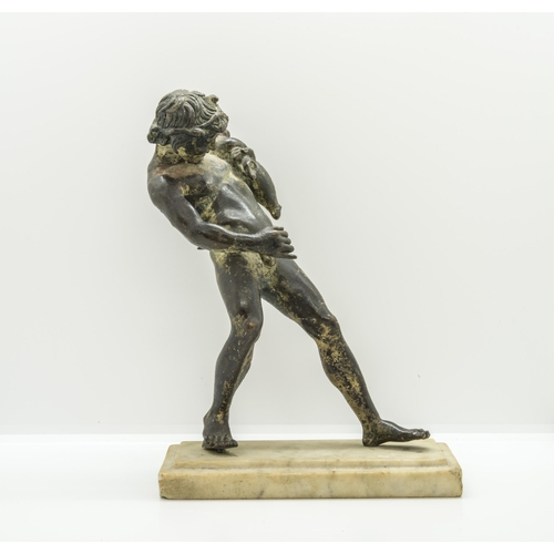 1827 - A BRONZE FIGURE OF THE DRUNKEN FAUN, 19TH CENTURY, after the antique on a marble base. 21 cms high... 