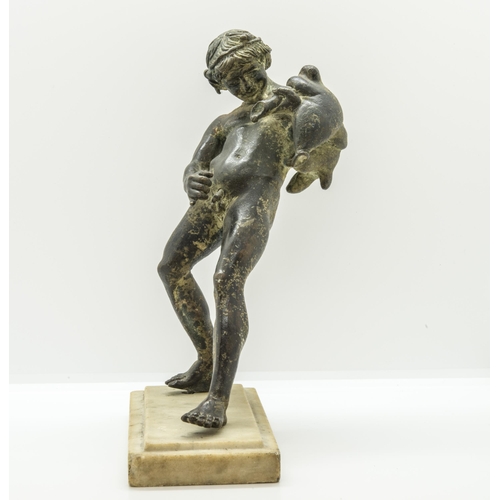 1827 - A BRONZE FIGURE OF THE DRUNKEN FAUN, 19TH CENTURY, after the antique on a marble base. 21 cms high... 