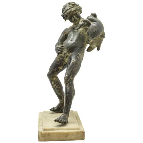 1827 - A BRONZE FIGURE OF THE DRUNKEN FAUN, 19TH CENTURY, after the antique on a marble base. 21 cms high... 