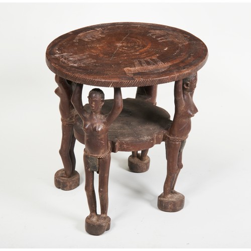 1349 - A WEST AFRICAN CARYATID STOOL, the top incised with animals and supported with four female figures w... 