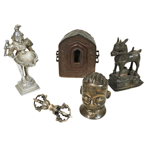 2239 - A TIBETAN COPPER GHAU SHRINE, a bronze dorje, an Indian chrome plated bronze figural oil lamp, an In... 