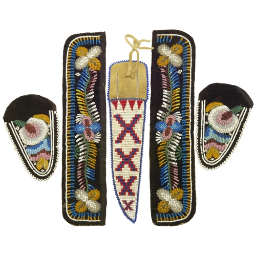 1355 - A PAIR OF NATIVE AMERICAN BEADWORK MOCCASIN FRONT PANELS AND SIDE PANELS, probably pre-war and a bea... 