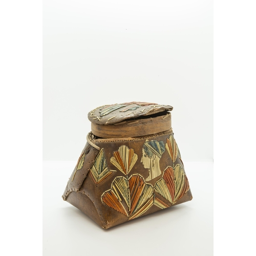 1199 - A HURON BIRCH BARK AND MOOSE HAIR LIDDED 'BASKET' together with a small birch bark slip case. 25cms ... 