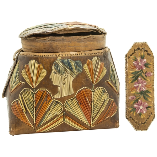 1199 - A HURON BIRCH BARK AND MOOSE HAIR LIDDED 'BASKET' together with a small birch bark slip case. 25cms ... 