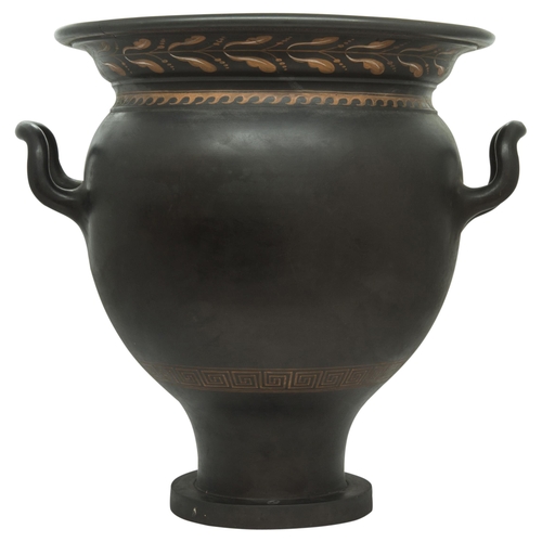 1201 - AN ENCAUSTIC BLACK BASALT BELL KRATER, possibly Wedgwood, after the antique, unmarked. 33 x 30cms