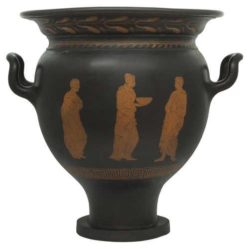 1201 - AN ENCAUSTIC BLACK BASALT BELL KRATER, possibly Wedgwood, after the antique, unmarked. 33 x 30cms