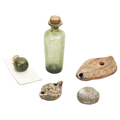 1300 - A LATE MEDIEVAL GLASS PHIAL, another smaller, a small glass ungent phial, probably Roman, two potter... 