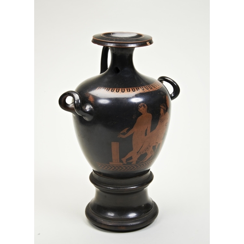 1203 - AN ENCAUSTIC VASE AFTER THE ANTIQUE. Possibly Swansea now mounted on a wooden socle base.         31... 