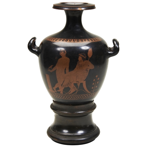 1203 - AN ENCAUSTIC VASE AFTER THE ANTIQUE. Possibly Swansea now mounted on a wooden socle base.         31... 