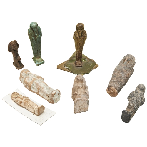 1305 - AN ANCIENT EGYPTIAN UNGLAZED TERRACOTTA USHABTI FIGURE, two glazed Ushabti's and five other  figurin... 