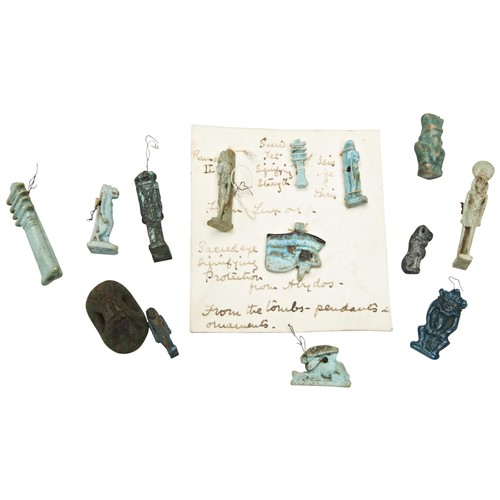 1308 - A COLLECTION OF FINE EGYPTIAN FAIENCE AMULET BEADS. Including bess, sekhmet, a pylon and a card with... 