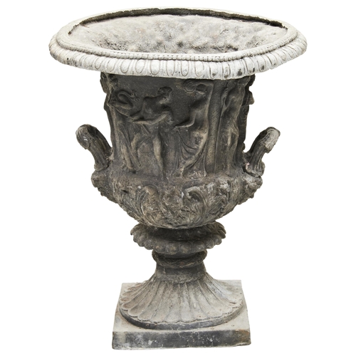 1838 - A 19TH CENTURY LEAD 'MEDICI URN' OF CAMPANA FORM WITH FIGURAL FRIEZE AND TWIN HANDLES UPON A SQUARE ... 