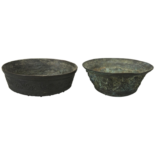 1840 - A 19TH CENTURY BRONZE GRAND TOUR BOWL. after a Roman example decorated with a frieze of Satyrs and B... 