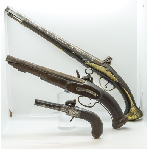 706 - A FLINTLOCK PISTOL, the lock unmarked, with brass trigger guard and butt cap probably Eastern Market... 