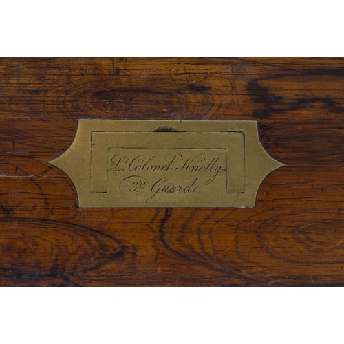 710 - A GOOD CAMPAIGN ROSEWOOD TOILET BOX the lid inscribed Lt. Colonel Knolly, 3rd Guards, the fitted int... 