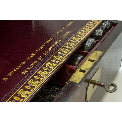 710 - A GOOD CAMPAIGN ROSEWOOD TOILET BOX the lid inscribed Lt. Colonel Knolly, 3rd Guards, the fitted int... 