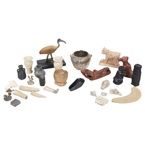 1328 - AN EGYPTIAN BRONZE AND WOODEN IBIS, after the antique, two small alabaster vessels And other items. ... 