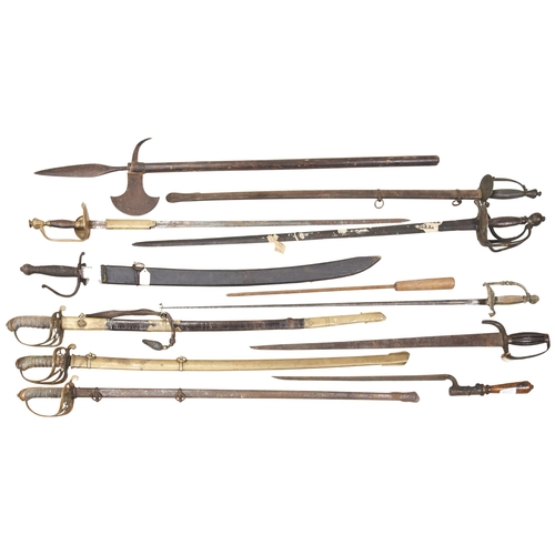 720 - AN EARLY 19TH CENTURY NAVAL HANGER, A VICTORIAN OFFICERS SWORD AND VARIOUS OTHER SWORDS. IN VARIED C... 