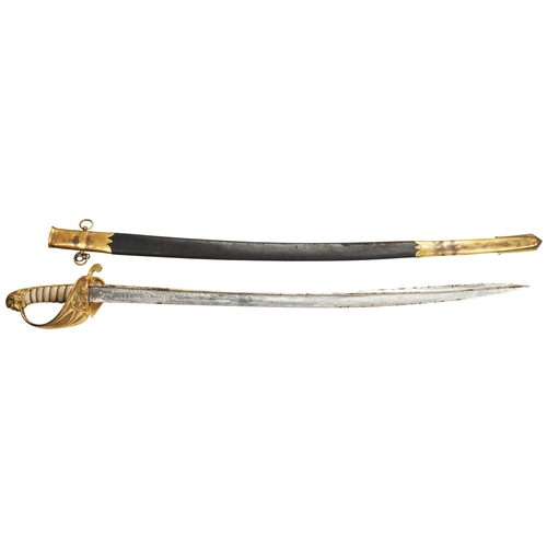 721 - AN 1827 PATTERN ROYAL NAVY OFFICERS SWORD BY PROSSER WITH PIPE-BACK BLADE IN LEATHER SCABBARD; 102 c... 