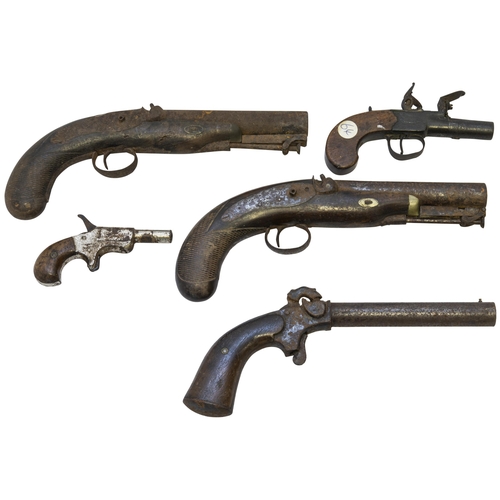 725 - A PAIR OF OFFICERS PERCUSSION POCKET PISTOLS by Wilson, heavily distressed and lacking hammers, A pe... 