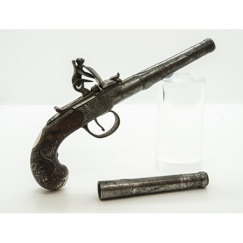 726 - A CANNON BARRELLED FLINTLOCK POCKET PISTOL signed Daugher, the grip with silver wire inlay, the butt... 