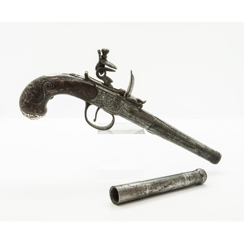 726 - A CANNON BARRELLED FLINTLOCK POCKET PISTOL signed Daugher, the grip with silver wire inlay, the butt... 