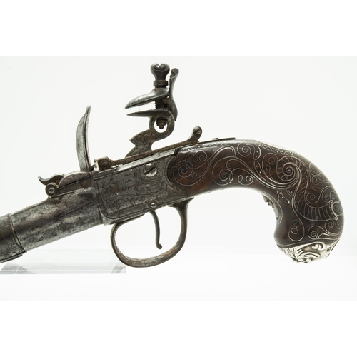 726 - A CANNON BARRELLED FLINTLOCK POCKET PISTOL signed Daugher, the grip with silver wire inlay, the butt... 