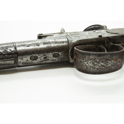 726 - A CANNON BARRELLED FLINTLOCK POCKET PISTOL signed Daugher, the grip with silver wire inlay, the butt... 