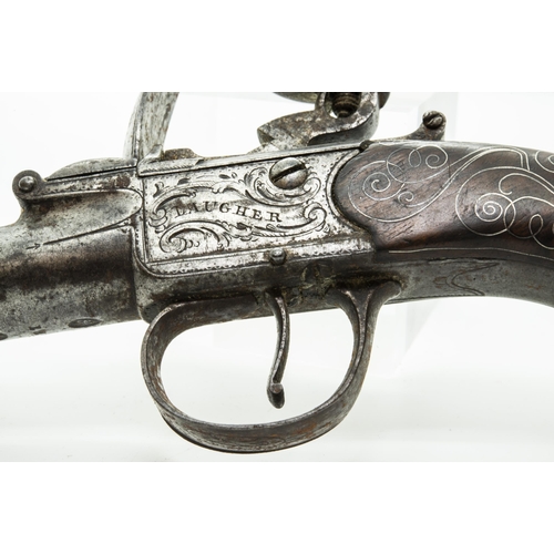 726 - A CANNON BARRELLED FLINTLOCK POCKET PISTOL signed Daugher, the grip with silver wire inlay, the butt... 